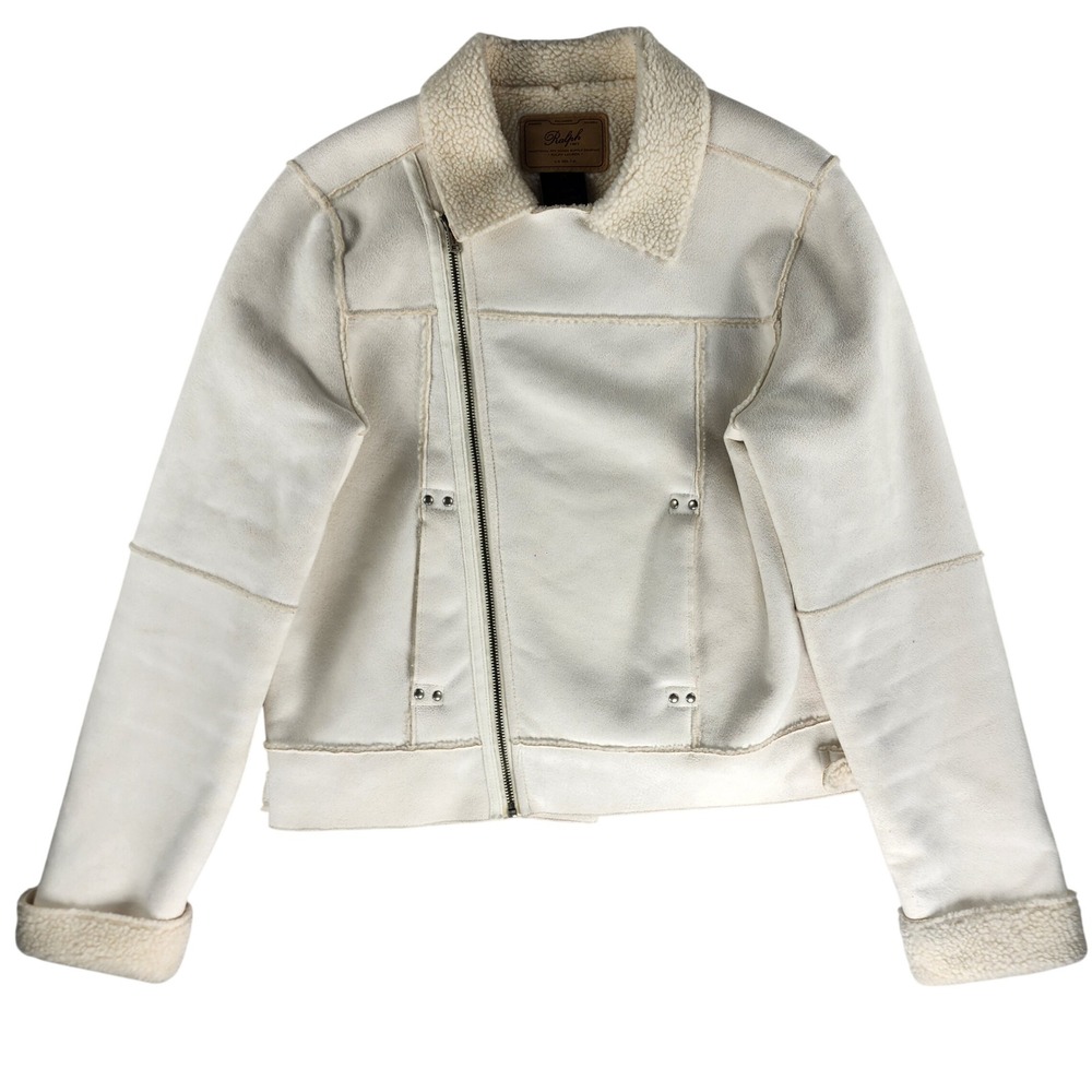 Ralph Lauren Palomino Faux Shearling Moto Jacket Womens M Ivory Sherpa Korea